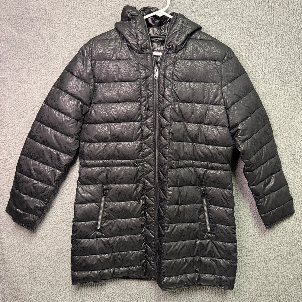 Kenneth Cole New York Women's Black Snakeskin Print Puffer Jacket Hooded L/G